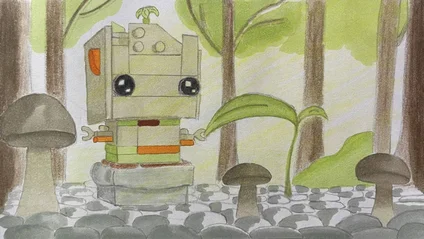 Draft of a 3D render. A LEGO-style depiction of Groot sitting on a kind of pot.