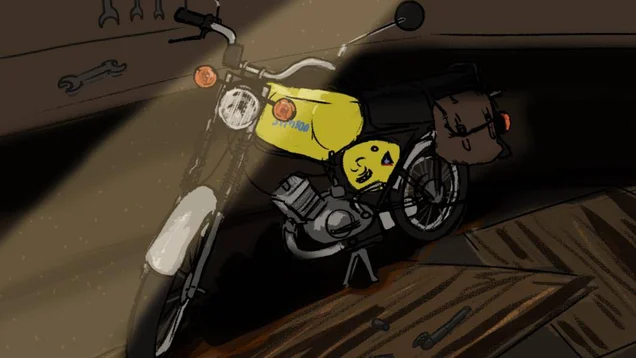 Concept for a 3D rendering. A Simson moped with a yellow paint job. The background is dark, and a light is shining on the moped.