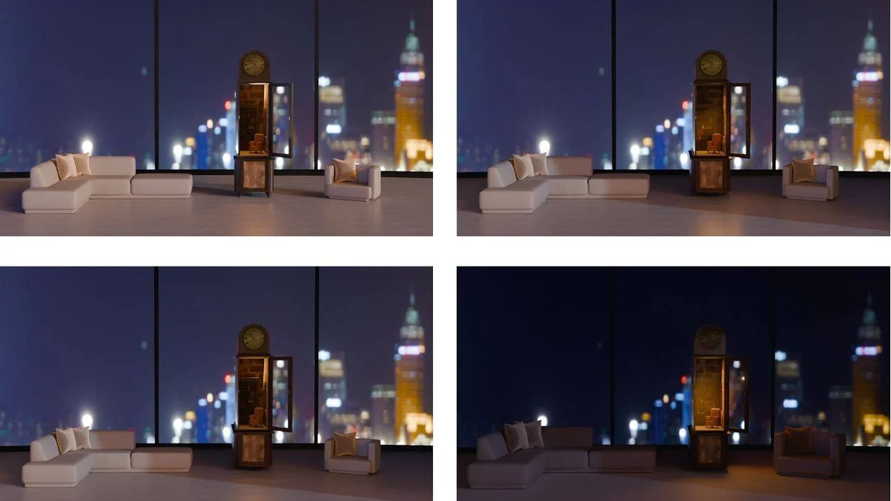 Concept for a 3D rendering on the theme of "Contrasts of Time." An old clock stands in a modern building. Cold-warm contrast