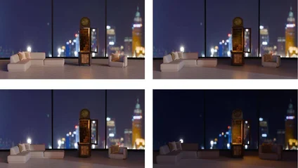 Concept for a 3D rendering on the theme of "Contrasts of Time." An old clock stands in a modern building. Cold-warm contrast