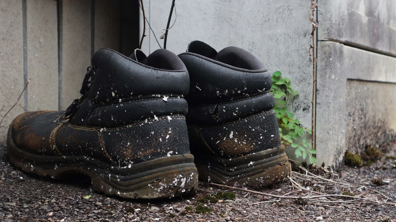 Alte Schuhe vor einer Wand