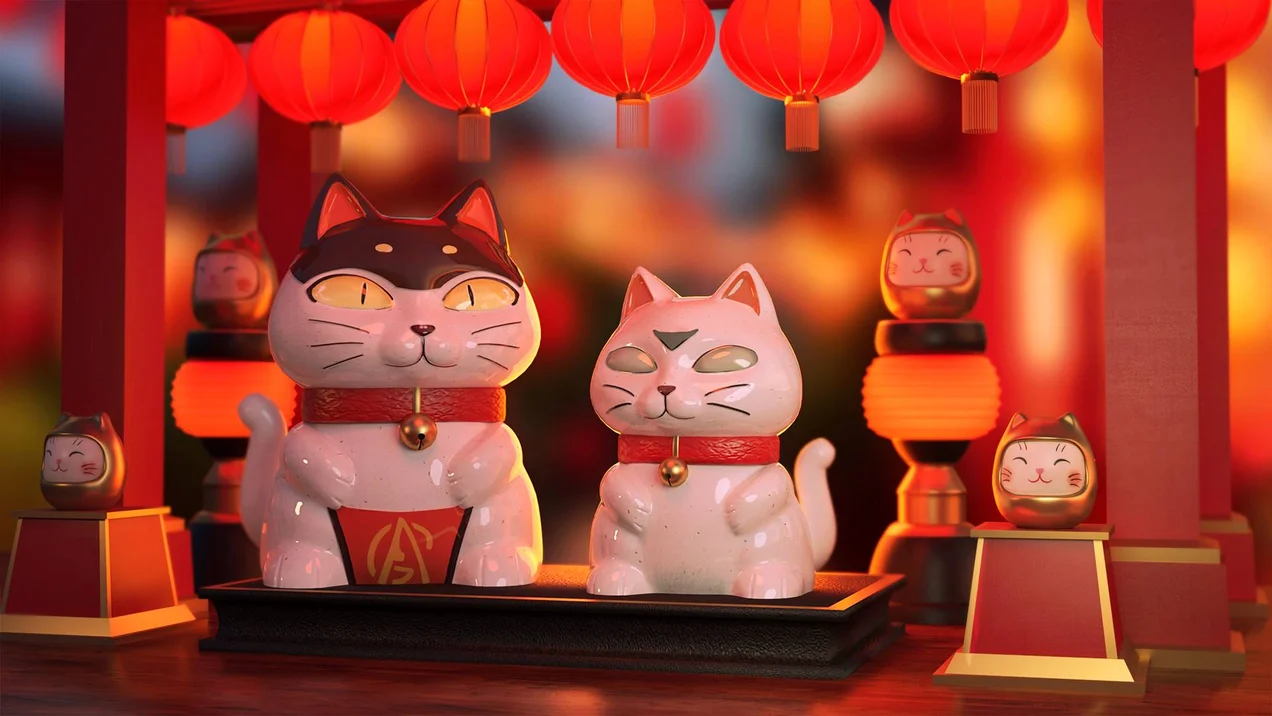 Rendering of two lucky cat statues at a market stall with lanterns.