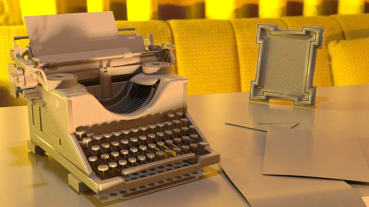 Draft of a 3D rendering. A typewriter is sitting on a table.