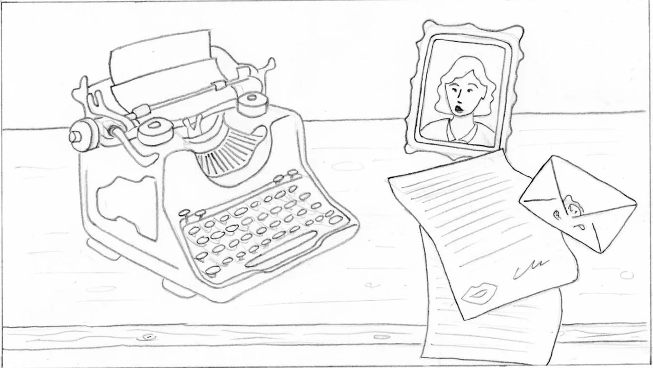 Draft of a 3D rendering. A typewriter is sitting on a table.