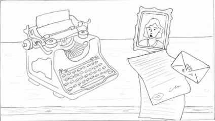 Draft of a 3D rendering. A typewriter is sitting on a table.