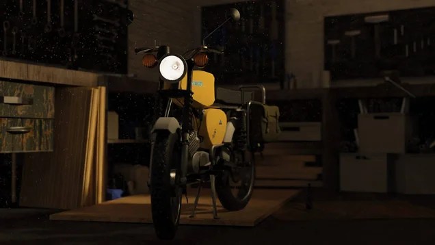 3D rendering. A Simson moped with a yellow paint job. The background is dark, and a light is shining on the moped.