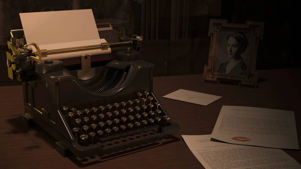 3D rendering. A typewriter is sitting on a table.
