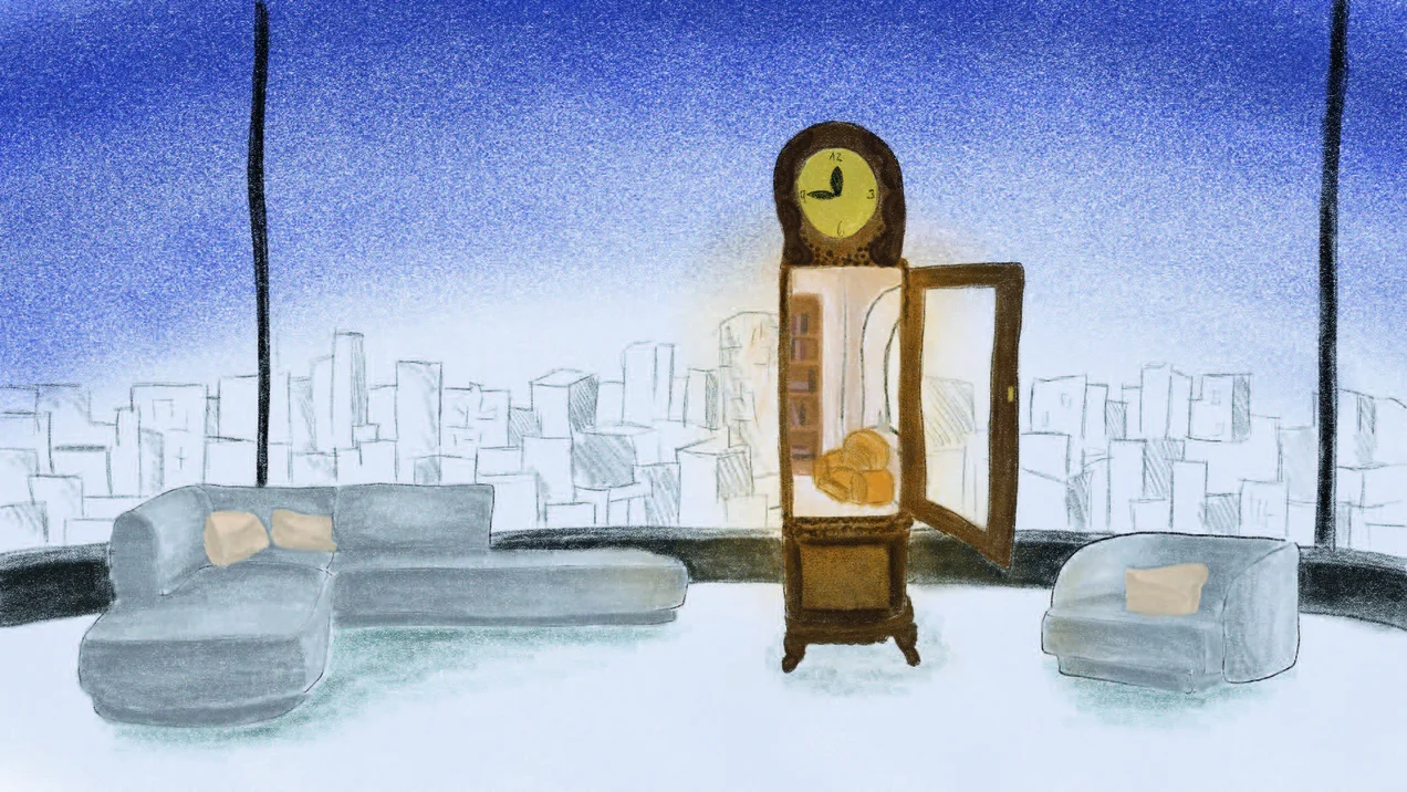 Concept for a 3D rendering on the theme of "Contrasts of Time." An old clock stands in a modern building. Cold-warm contrast