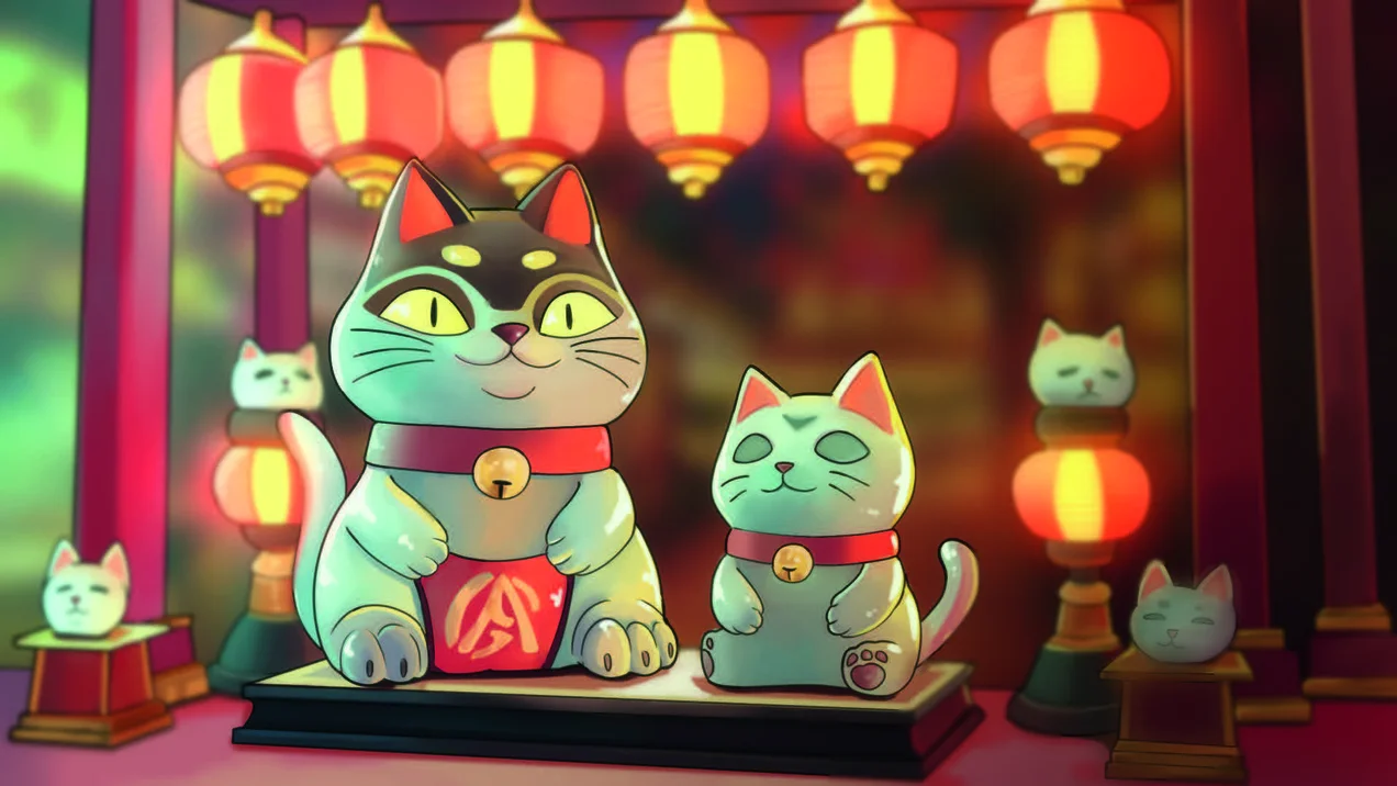 Concept rendering of two maneki-neko statues at a market stall with lanterns.