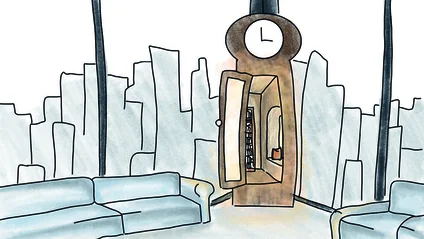 Concept for a 3D rendering on the theme of "Contrasts of Time." An old clock stands in a modern building. Cold-warm contrast