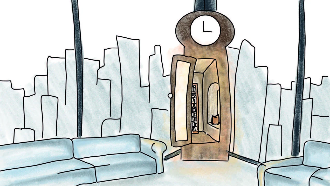 Concept for a 3D rendering on the theme of "Contrasts of Time." An old clock stands in a modern building. Cold-warm contrast