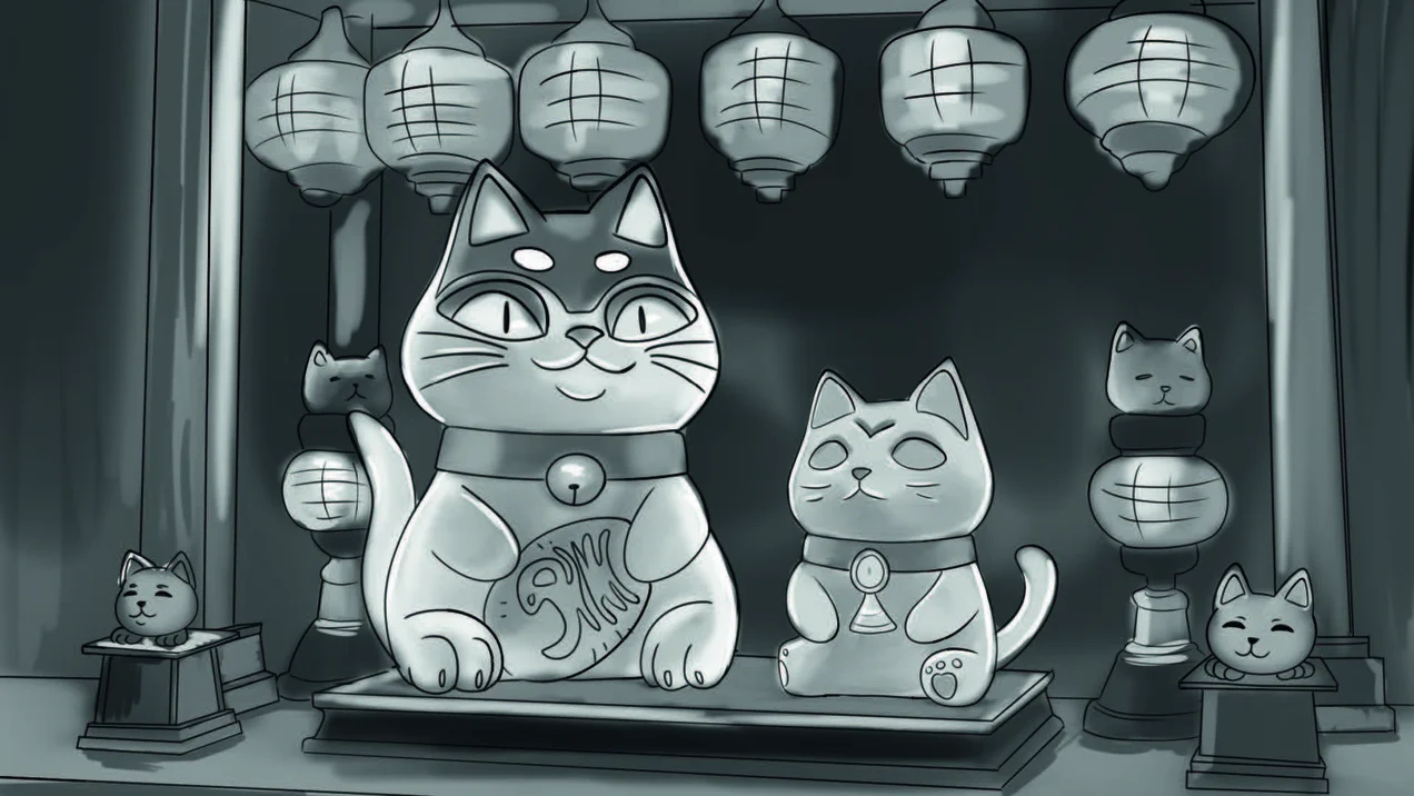 Concept rendering of two maneki-neko statues at a market stall with lanterns.