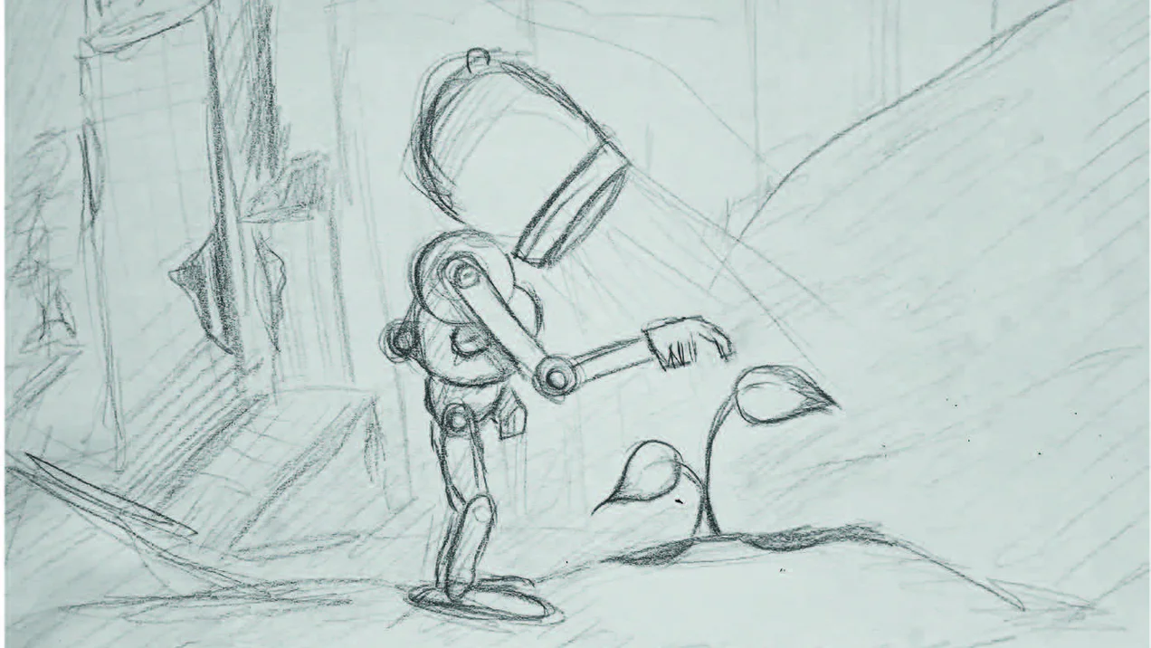 Concept for a 3D rendering. A robot is illuminating a plant. In the background are damaged buildings and vehicles. Desert.