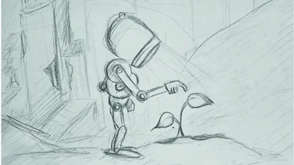 Concept for a 3D rendering. A robot is illuminating a plant. In the background are damaged buildings and vehicles. Desert.
