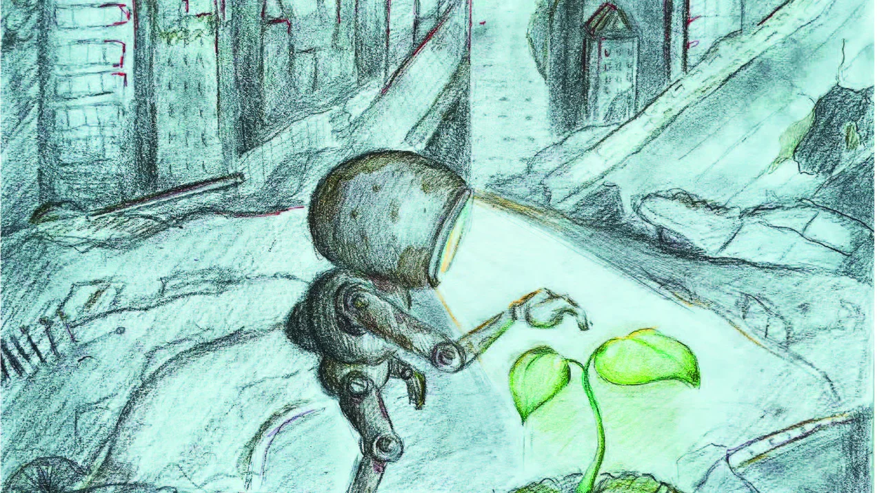 Concept for a 3D rendering. A robot is illuminating a plant. In the background are damaged buildings and vehicles. Desert.