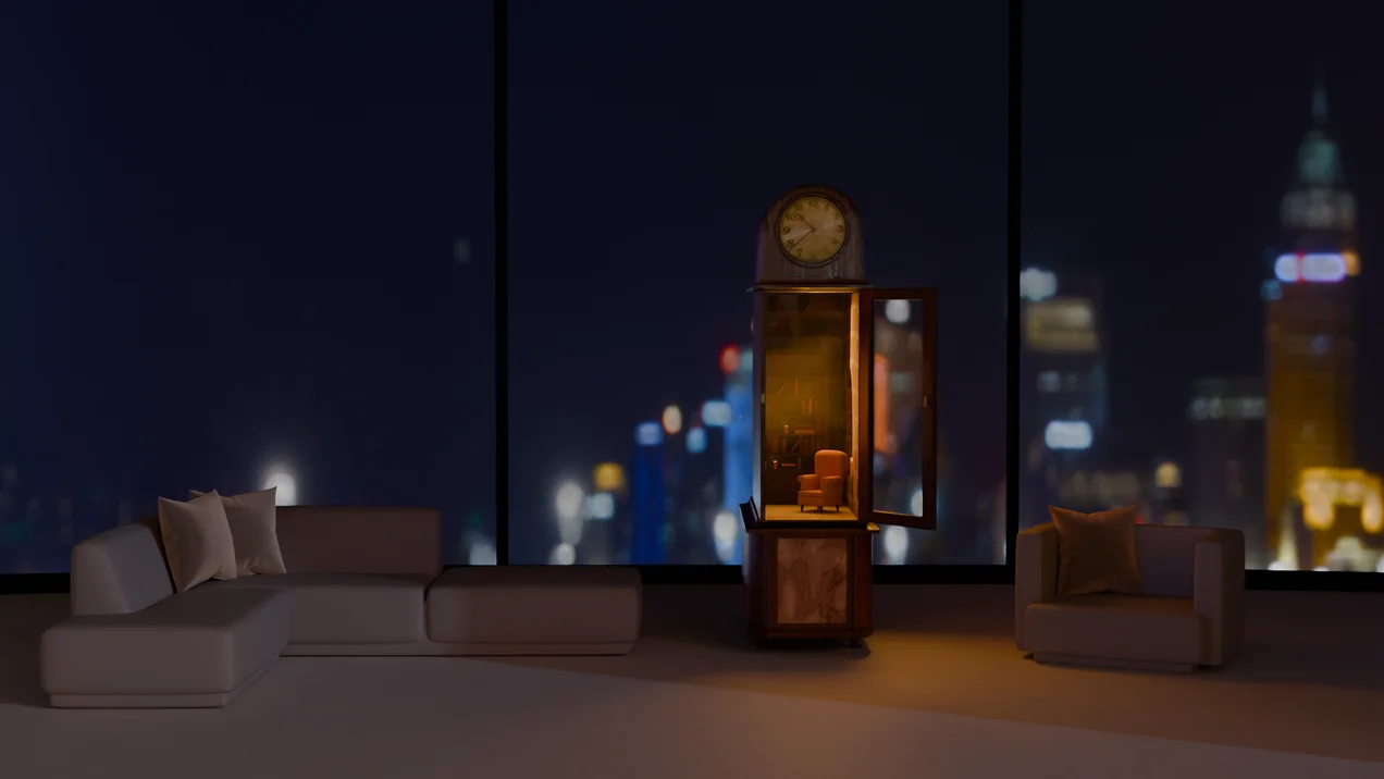 3D rendering on the theme of "Contrasts of Time." An old clock stands in a modern building. Cold-warm contrast