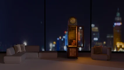 3D rendering on the theme of "Contrasts of Time." An old clock stands in a modern building. Cold-warm contrast
