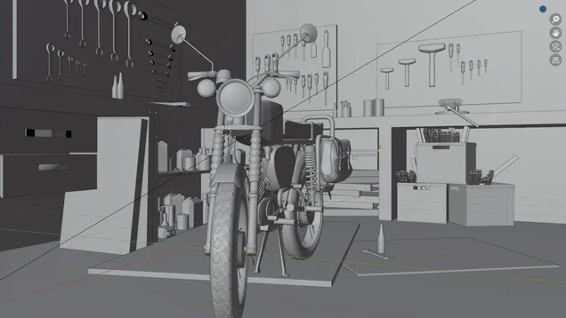 Concept for a 3D rendering. A Simson moped with a yellow paint job. The background is dark, and a light is shining on the moped.