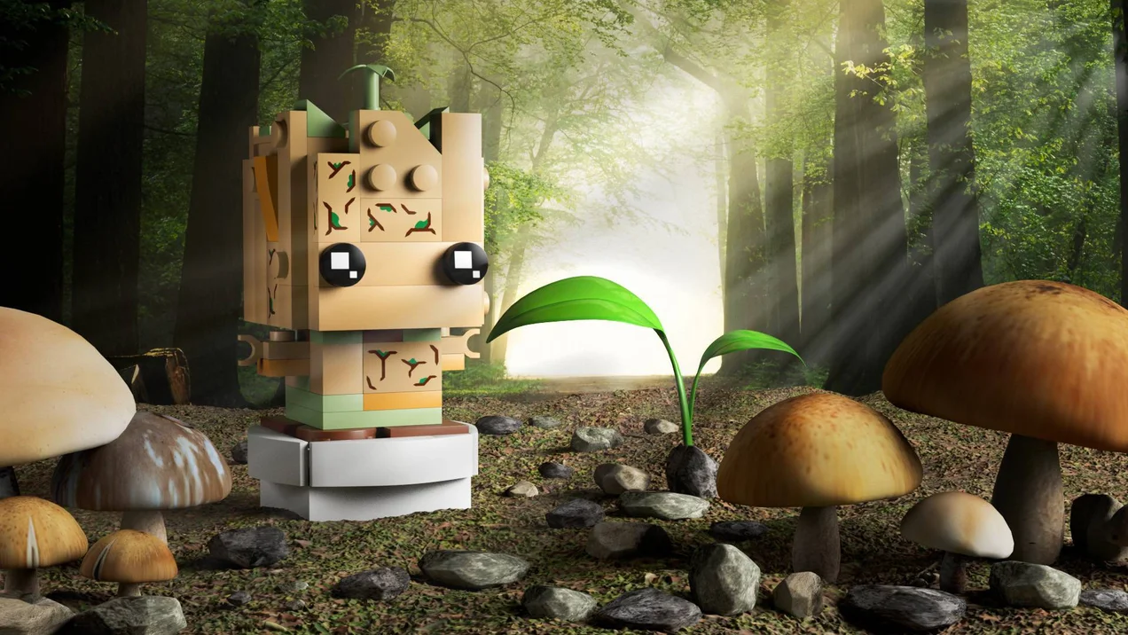 3D rendering. A representation of Groot made from building blocks, sitting on a kind of pot.