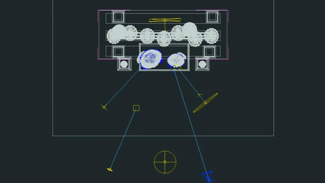 Floor plan of a rendering showing two maneki-neko statues in a market stall with lanterns.
