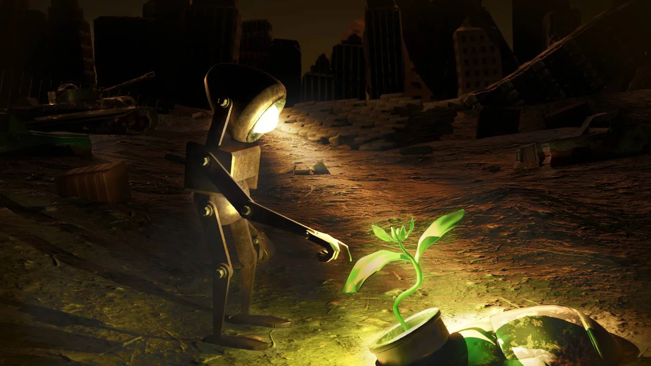 3D rendering. A robot is shining a light on a plant. In the background are damaged buildings and vehicles. Desert.
