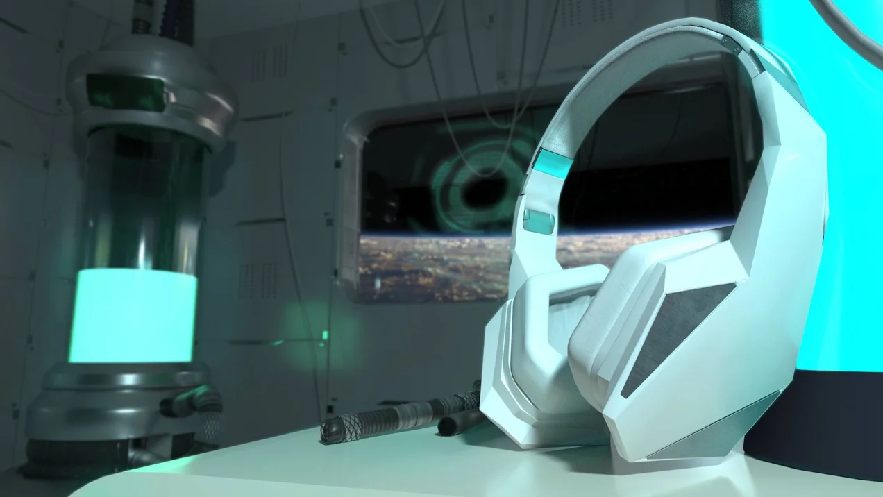 Render of headphones in a futuristic setting.