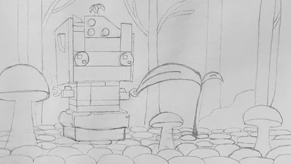 Draft of a 3D render. A LEGO-style depiction of Groot sitting on a kind of pot.