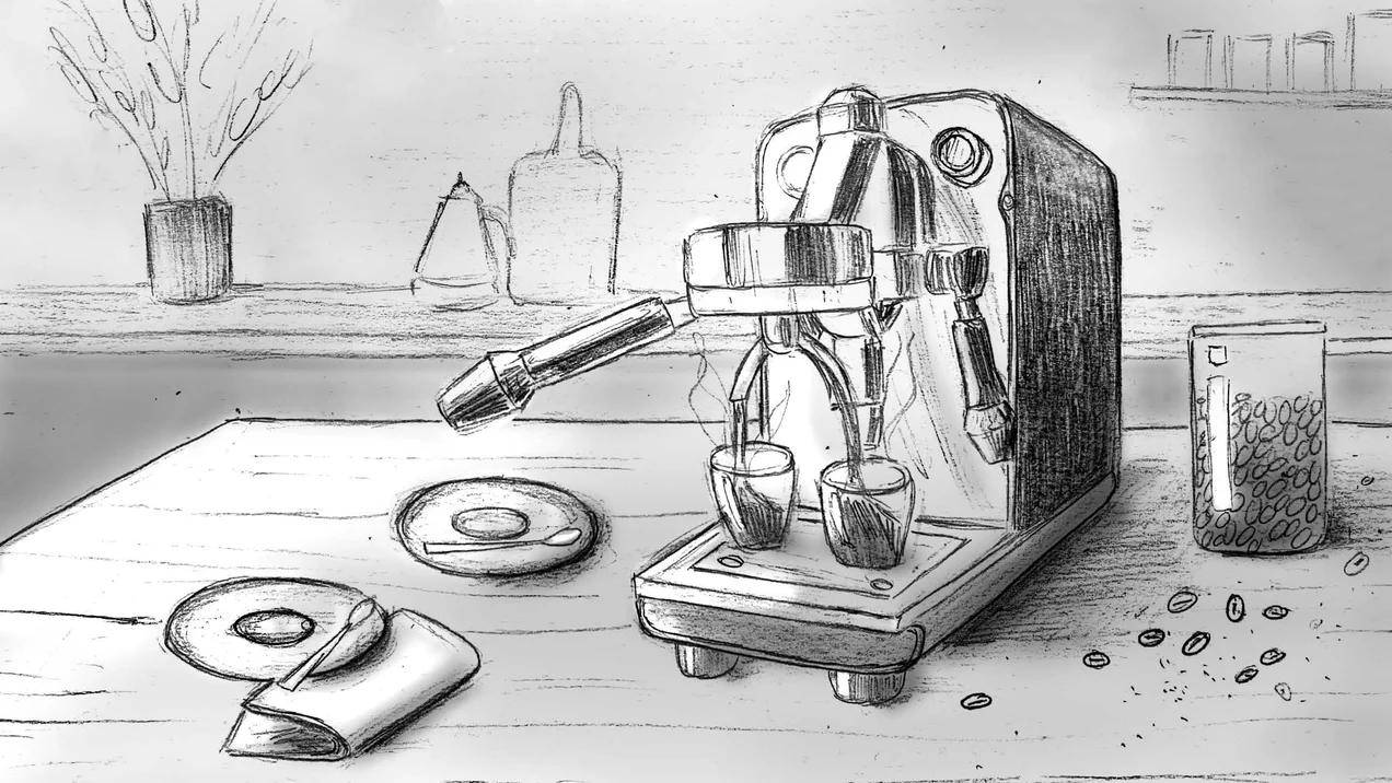 Sketch of a CGI rendering of an espresso machine